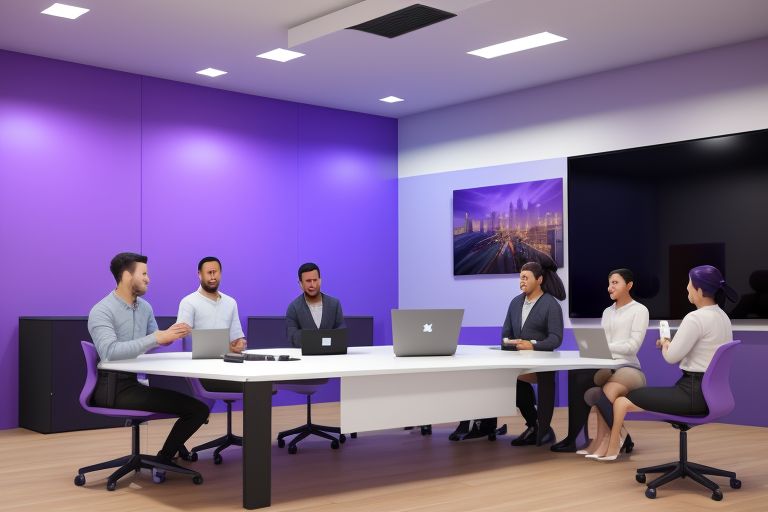 Employees sit around a conference table